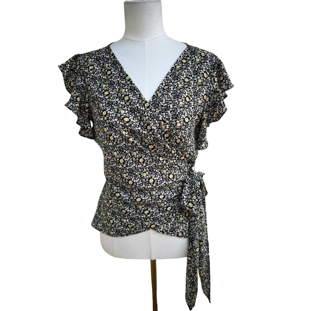 Max Studio Womens Small NWT Floral Wrap Blouse Black Yellow Flutter Sleeve Top
